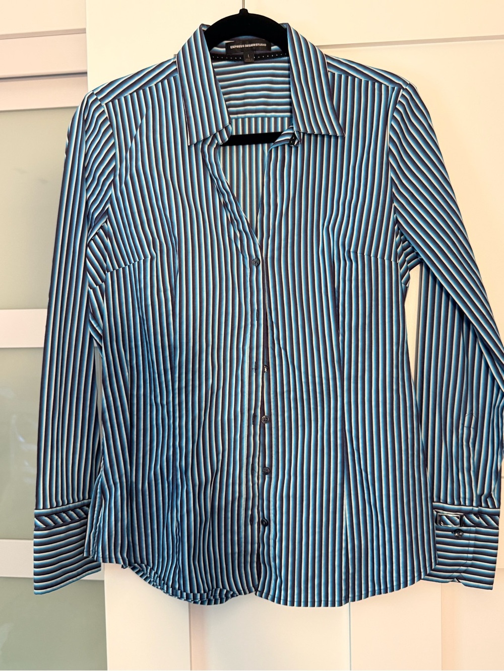 Express Women’s Blue and Black Vertical Stripe Dress Shirt